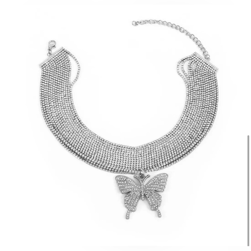 Statement Butterfly Rhinestone Choker Necklace – Sparkling Multi-Layer Design - Picture 3 of 4